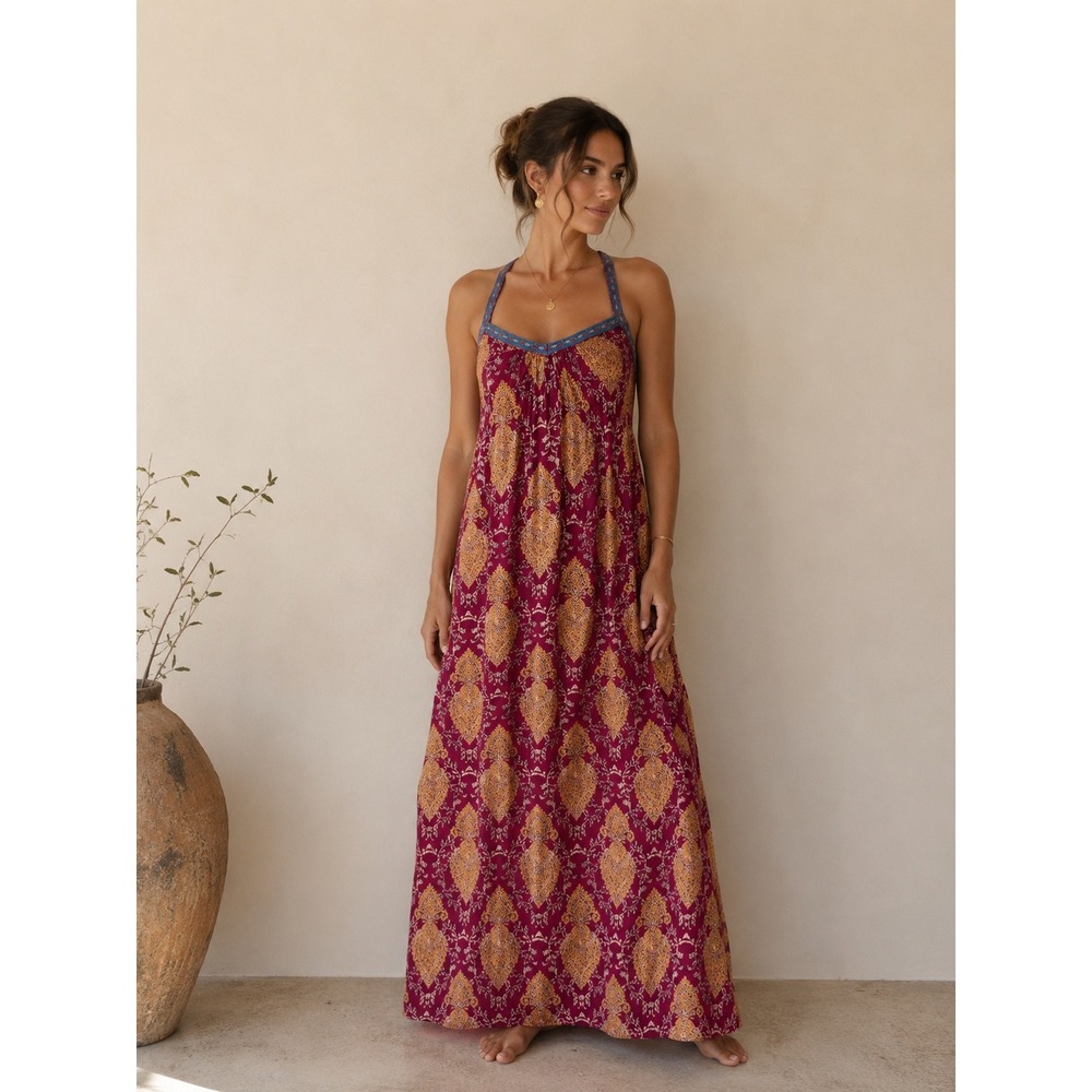 Xhilaration Boho Paisley Maxi Dress XS Burgundy Pink Festival Sleeveless